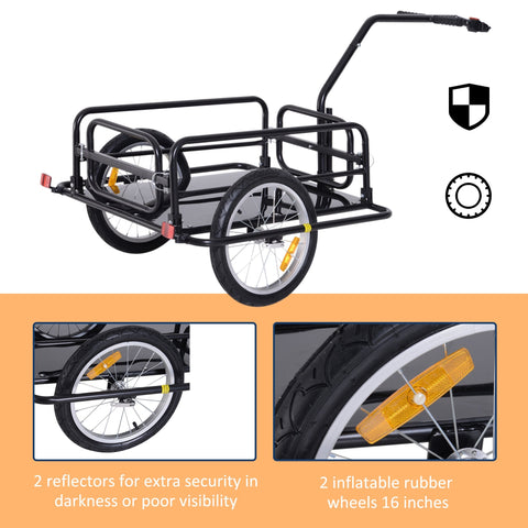 Black metal bike cargo trailer with steel frame construction two 16-inch inflatable wheels and yellow reflectors seen from the back