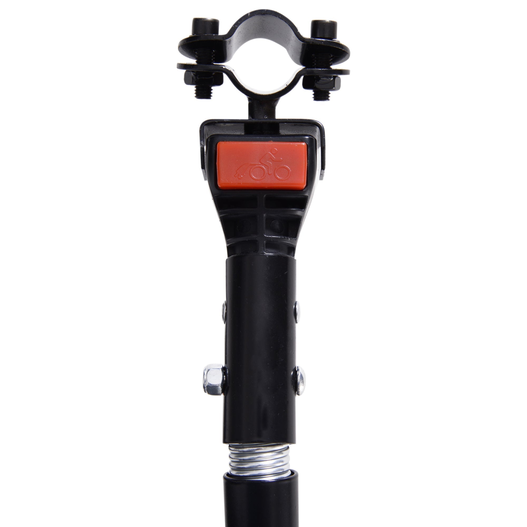 Black adjustable bicycle pedal holder with red button and spring mechanism for homcom bike cargo trailer steel frame construction