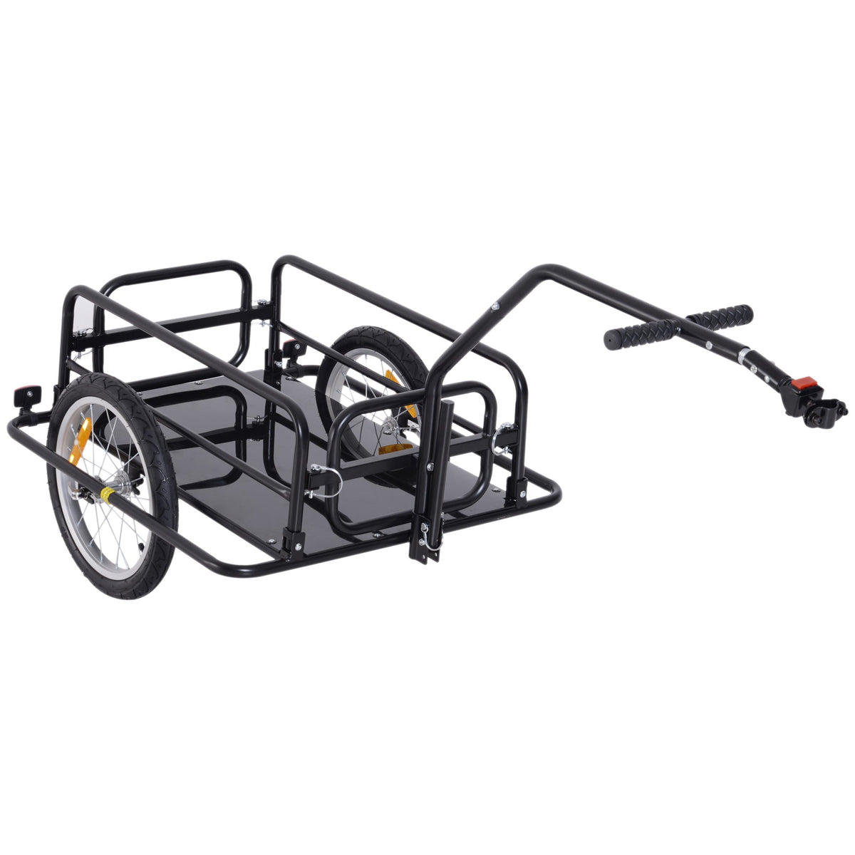Black metal bike cargo trailer with steel frame construction and handlebar for towing by bicycle seat tube hitch