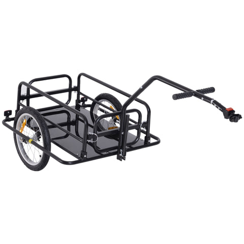 Black metal bike cargo trailer with steel frame construction and handlebar for towing by bicycle seat tube hitch