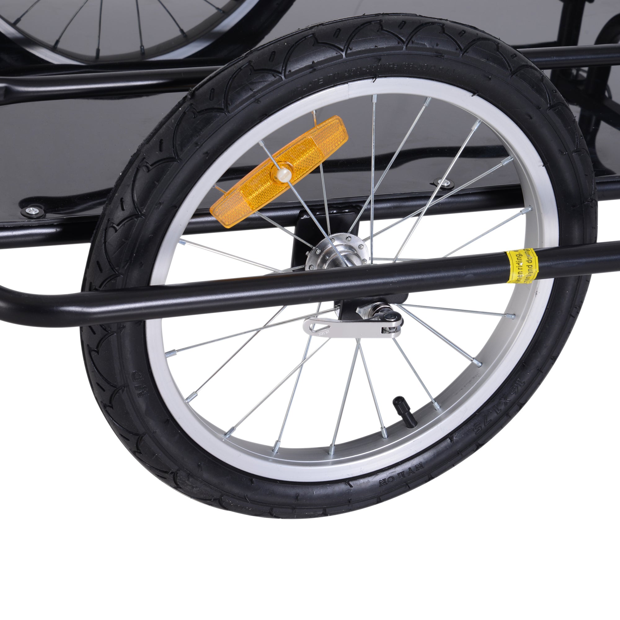 Black bicycle wheel with white rim silver spokes and orange reflector on homcom steel frame cargo trailer with hitch