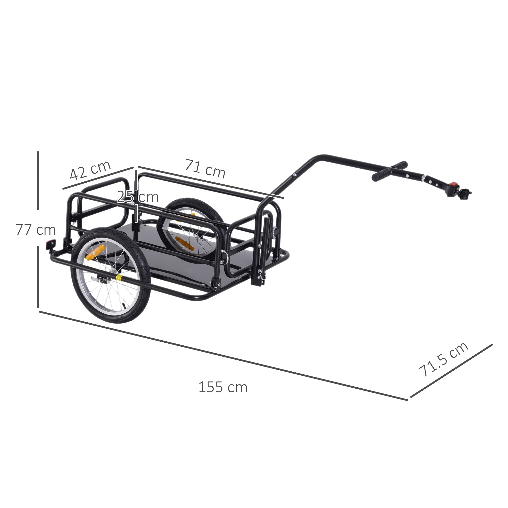 Black metal bike cargo trailer with steel frame construction and handlebar for attachment to bicycle seat tube