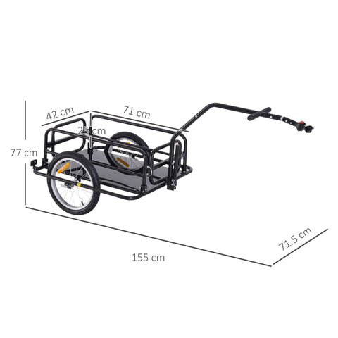 Black metal bike cargo trailer with steel frame construction and handlebar for attachment to bicycle seat tube