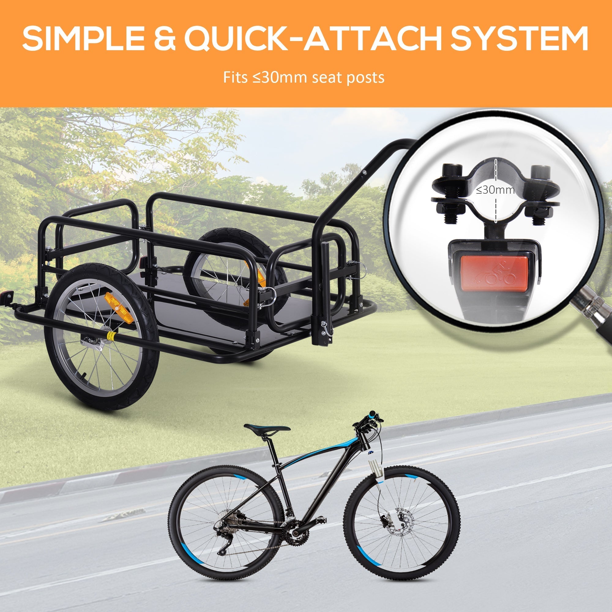 Black HOMCOM bike cargo trailer with steel frame construction and quick-attach system for bicycle seat tube up to 30mm