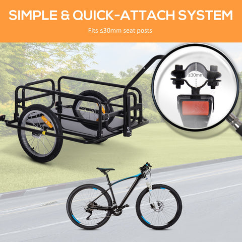 Black HOMCOM bike cargo trailer with steel frame construction and quick-attach system for bicycle seat tube up to 30mm