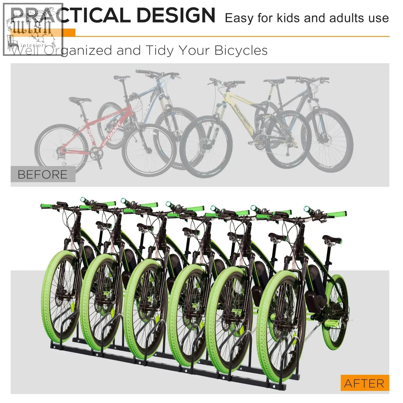 Black metal homcom bike stand parking rack with green grips and wheel covers holds six bikes in smaller spaces