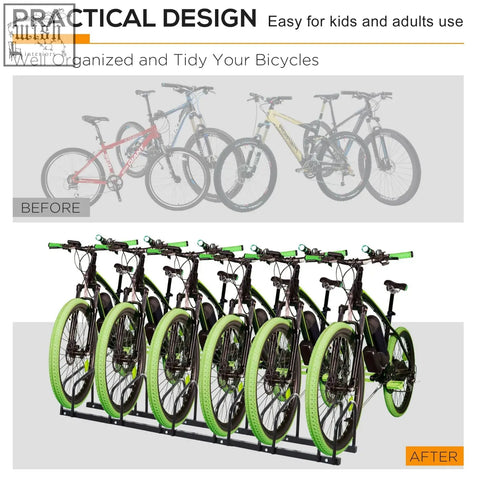 Black metal homcom bike stand parking rack with green grips and wheel covers holds six bikes in smaller spaces