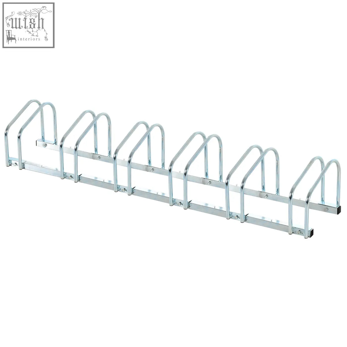 Silver metal HOMCOM parking rack with six curved arches for locking six bikes in smaller spaces on floor or wall mount
