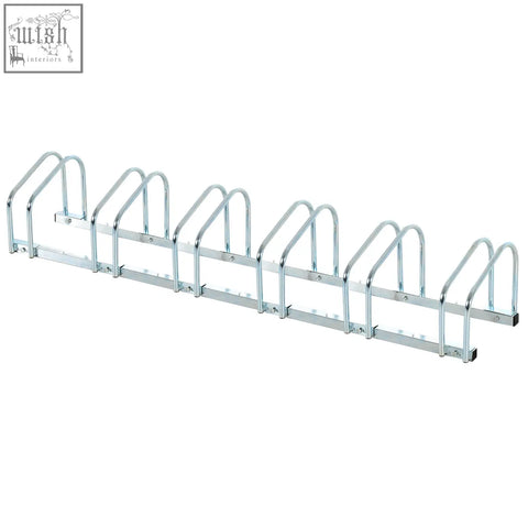 Silver metal HOMCOM parking rack with six curved arches for locking six bikes in smaller spaces on floor or wall mount