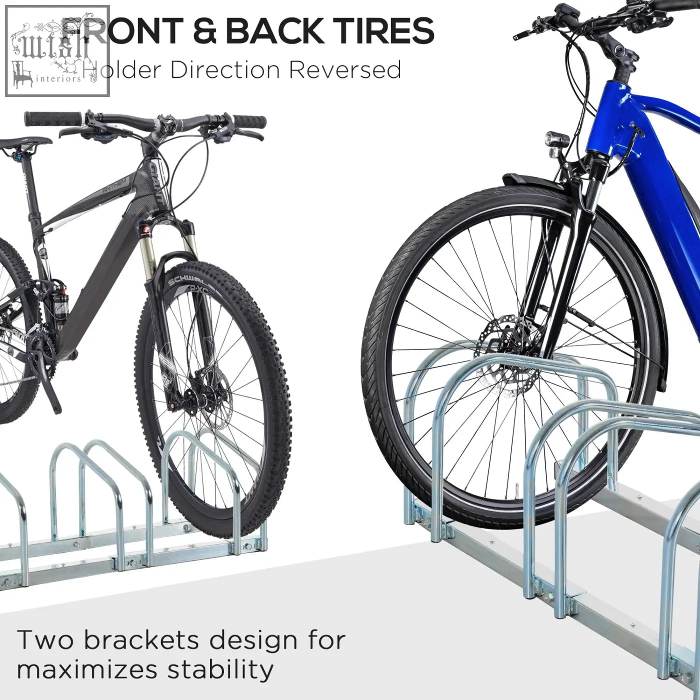 Blue electric bike with black handlebars on silver homcom six bikes parking rack for smaller spaces floor or wall mount
