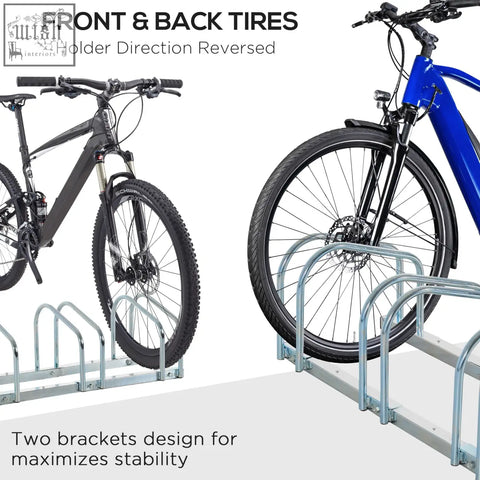 Blue electric bike with black handlebars on silver homcom six bikes parking rack for smaller spaces floor or wall mount