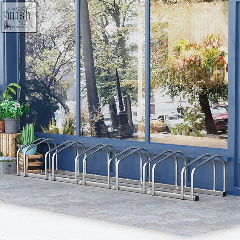 Stainless steel six bikes parking rack with sleek arched design and sturdy base for smaller spaces by HOMCOM