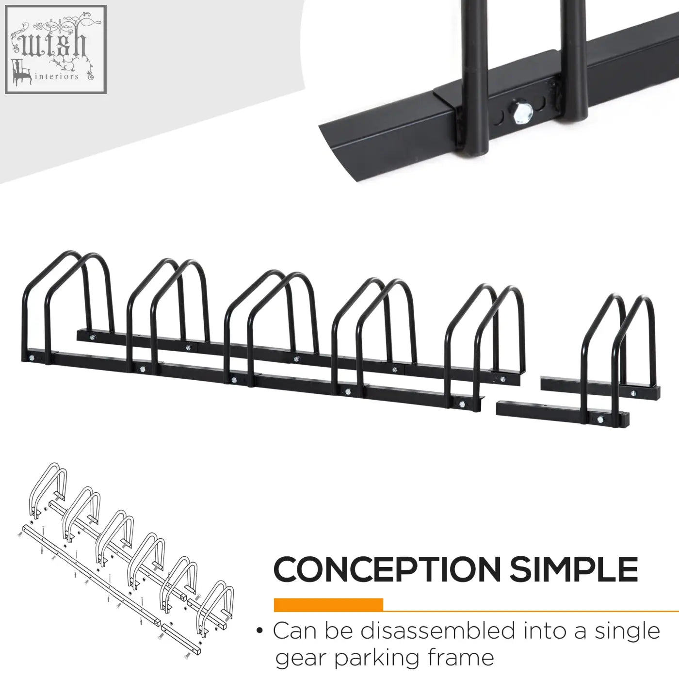 Black metal bike stand with six curved slots for storing six bikes in smaller spaces floor or wall mount