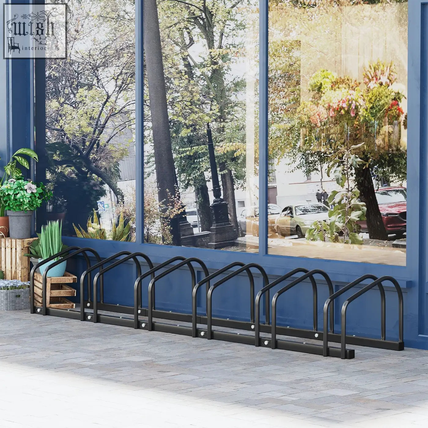 Black metal bike stand with six racks and curved arches for sturdy locking in smaller spaces by homcom