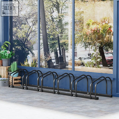 Black metal bike stand with six racks and curved arches for sturdy locking in smaller spaces by homcom
