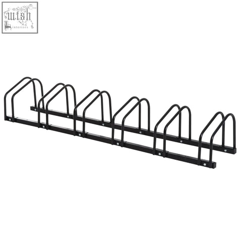 Black metal homcom bike stand with six racks for parking six bikes in smaller spaces floor or wall mount locking rack