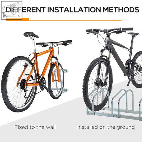 Silver metal bike parking rack with six curved bars for locking six bikes in smaller spaces floor or wall mount