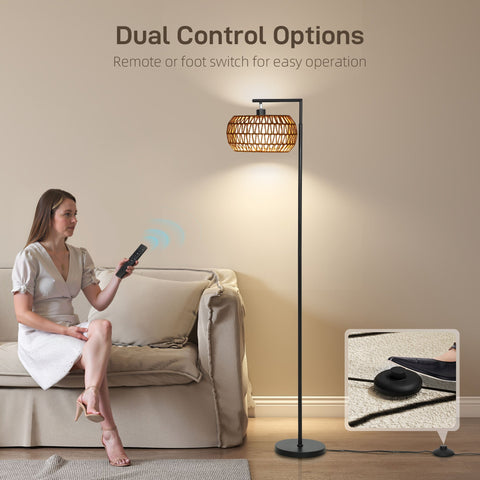 Modern black metal floor lamp with woven wicker shade features dimmable colour temperature and foot switch control