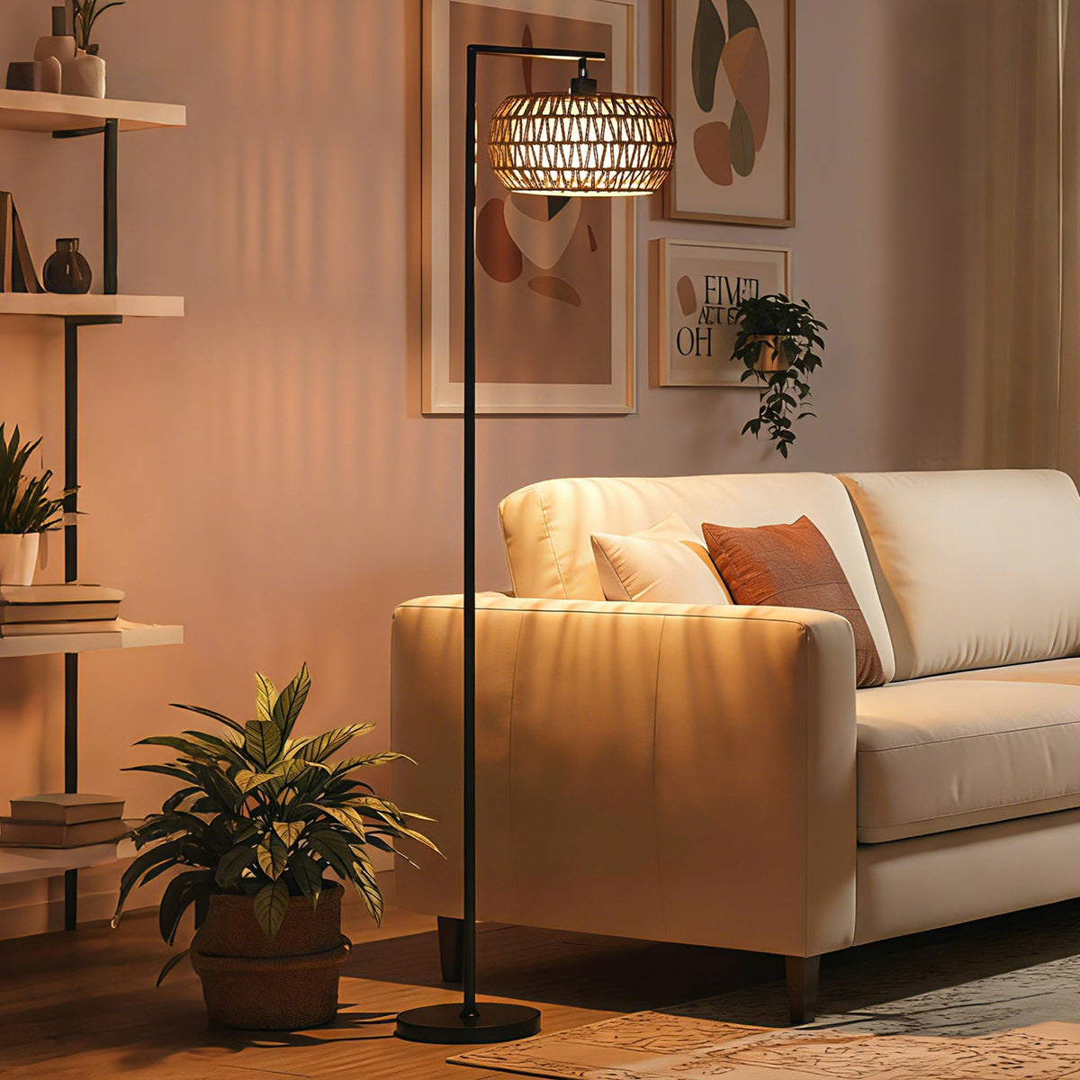 A black metal frame floor lamp with a woven wicker shade features dimmable colour temperature and foot switch