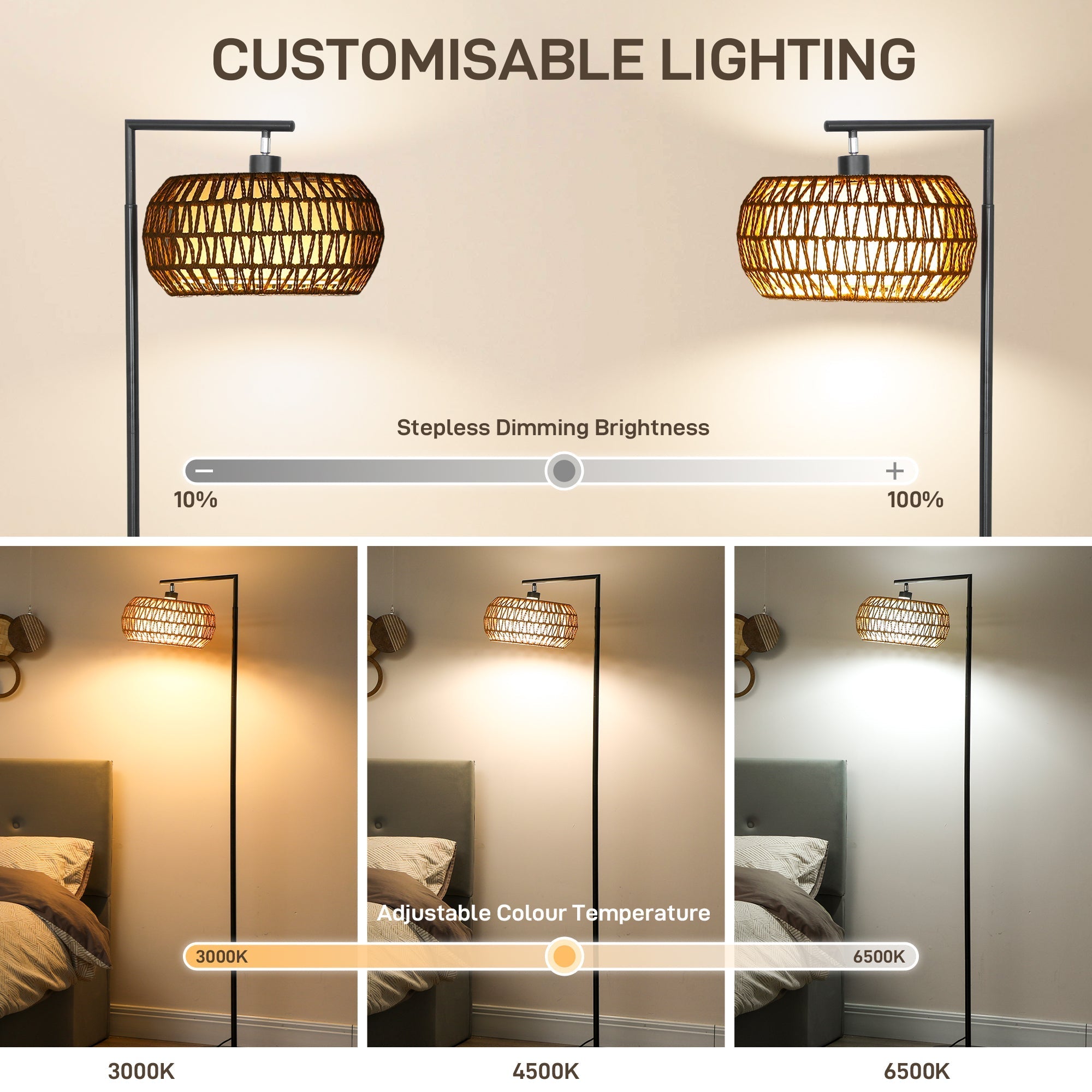 Modern black homcom boho floor lamp with woven wicker shade dimmable colour temperature and foot switch control