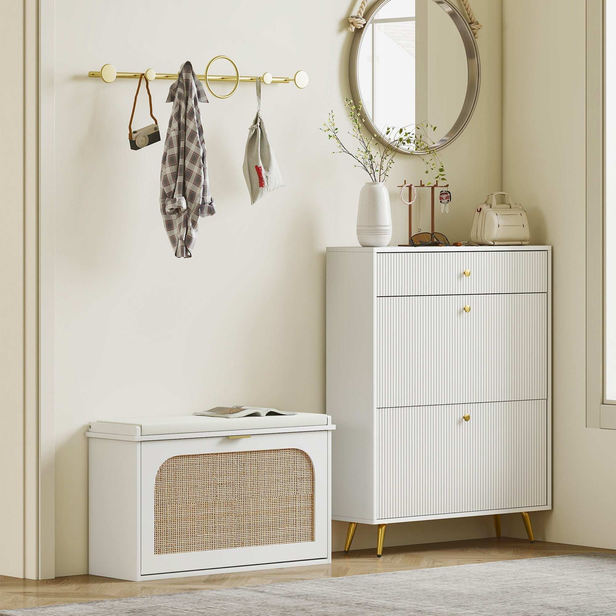 White homcom boho shoe bench with woven cane front panel gold-tone legs linen-feel fabric padded seat and flip drawer for shoes neatly