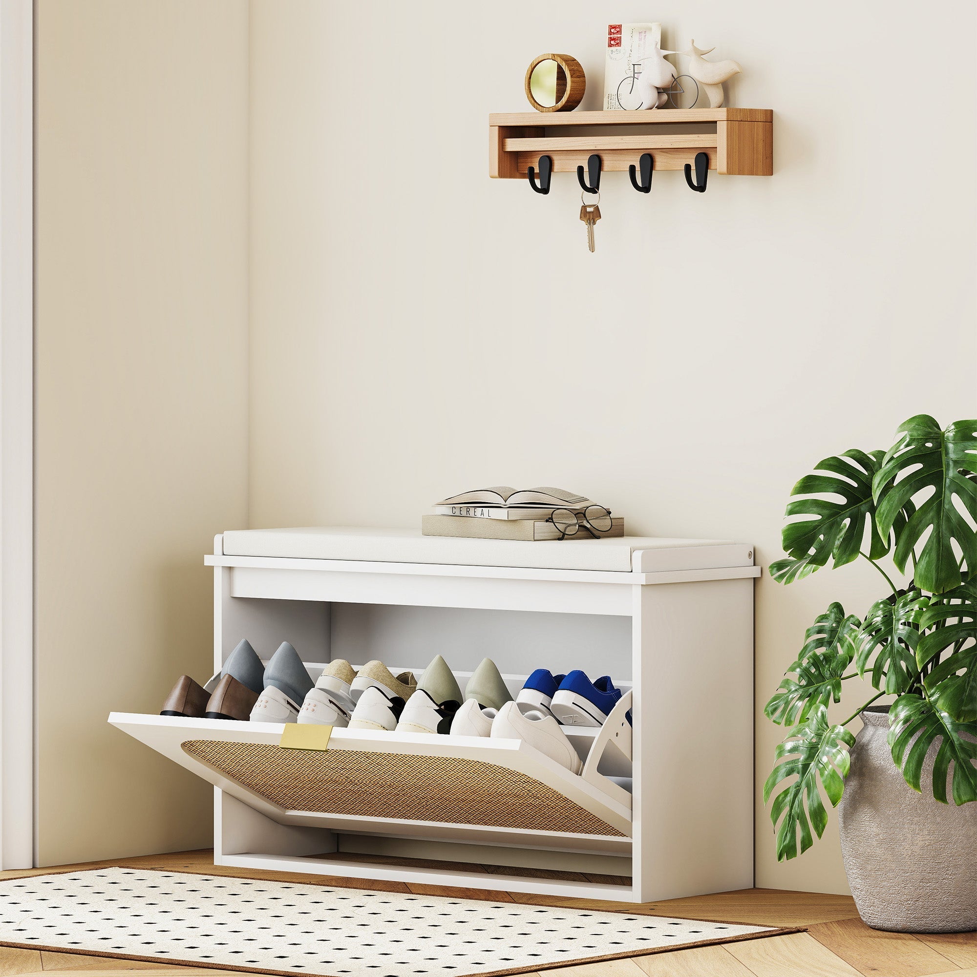 White shoe storage bench with woven rattan interior, linen-feel fabric seat, and pull-out flip drawer to keep shoes neatly