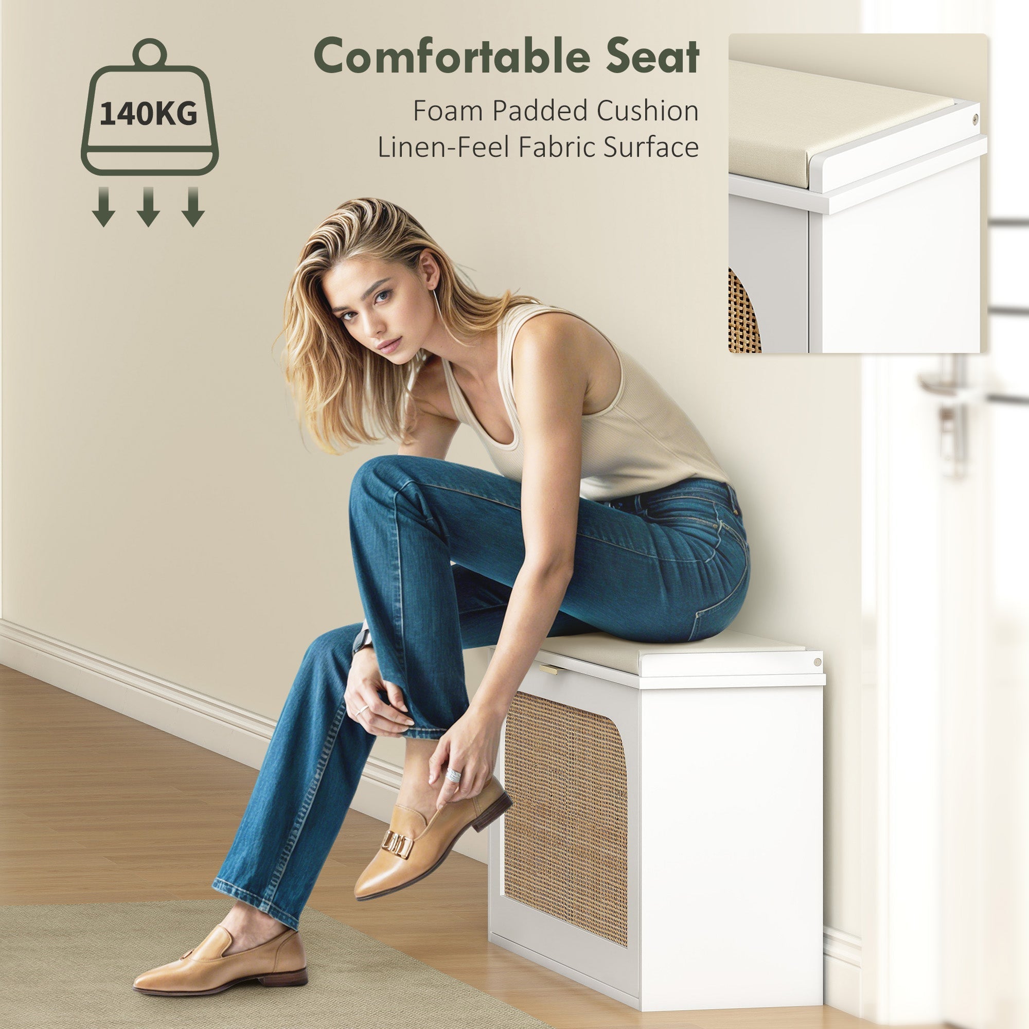 White homcom boho shoe bench with linen-feel fabric cushion and flip drawer to store shoes neatly