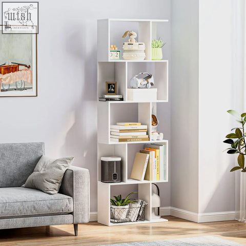 White homcom s-shaped wooden bookshelf with open-back design features geometric cubbies for favorite books or room divider