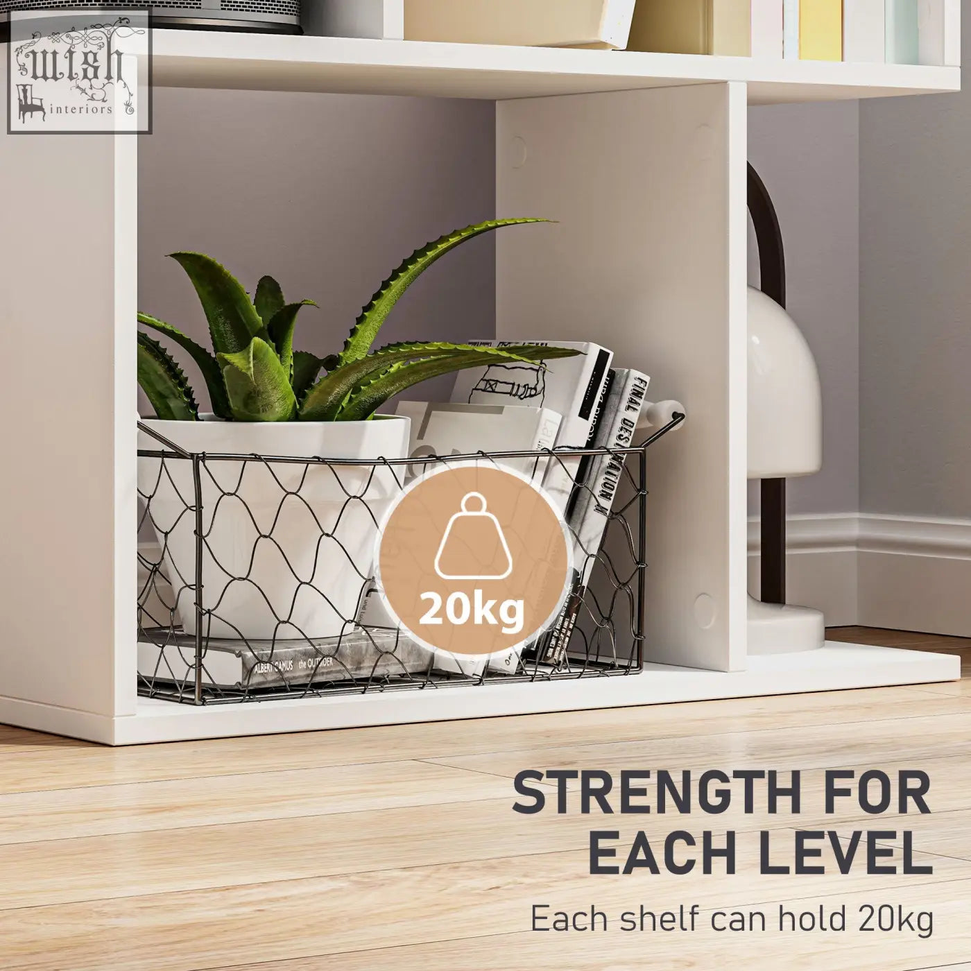 Black wire mesh storage basket with white ceramic pot and green plant on homcom white wooden s-shaped open-back bookshelf ideal for room divider or favourite books display