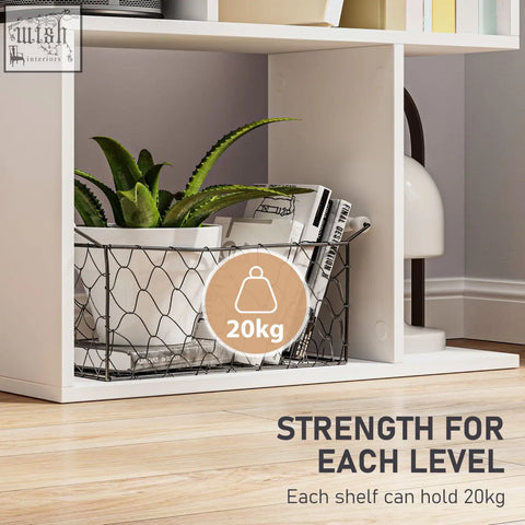 Black wire mesh storage basket with white ceramic pot and green plant on homcom white wooden s-shaped open-back bookshelf ideal for room divider or favourite books display