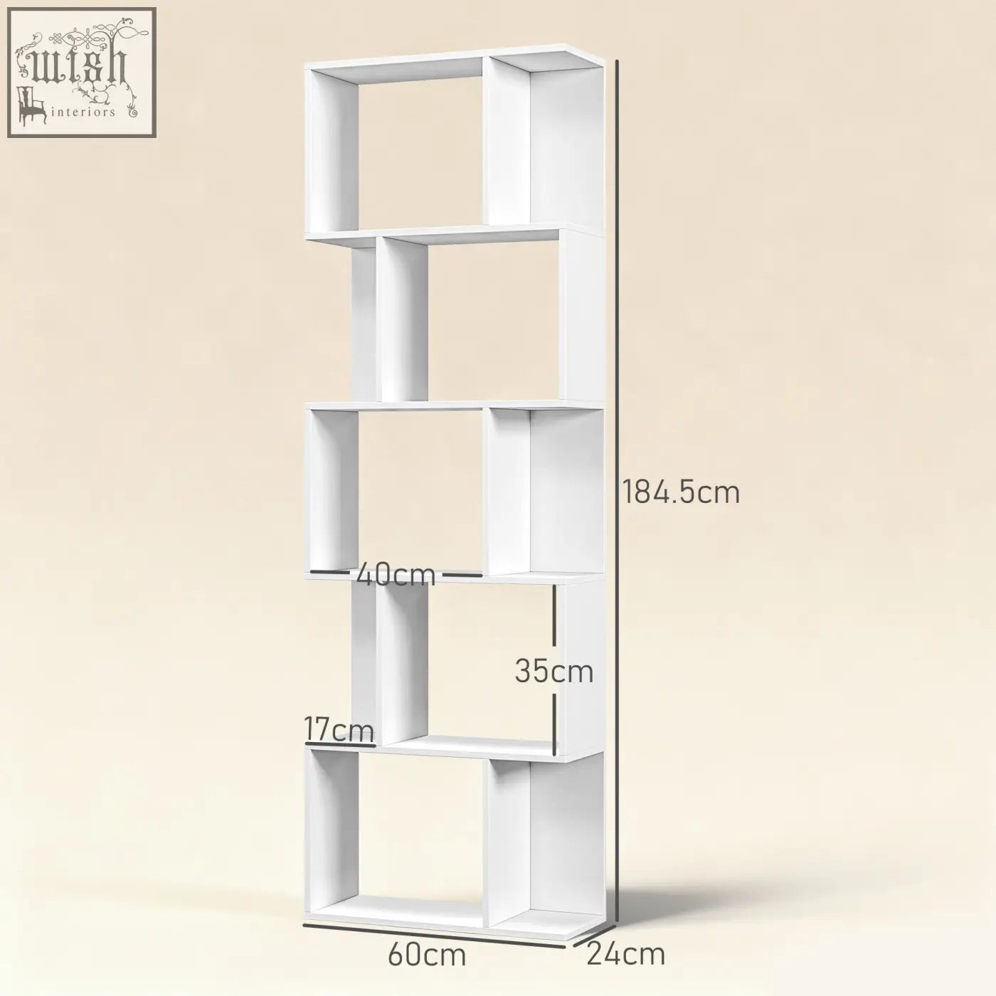 White s-shaped wooden bookshelf with open-back design and asymmetrical cubbies for displaying favourite books or room divider