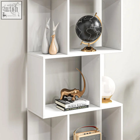 Black globe with gold stand and white map on homcom white wooden s-shaped bookcase with open-back design for favourite books
