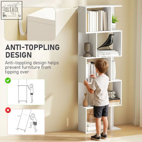 White s-shaped wooden bookshelf with open-back design and anti-toppling bracket for favorite books and room divider use