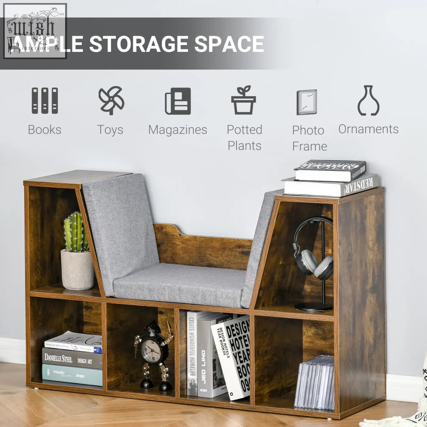 Rustic brown homcom bookcase with particle board frame cushioned gray seat and open cubbies for storage and reading