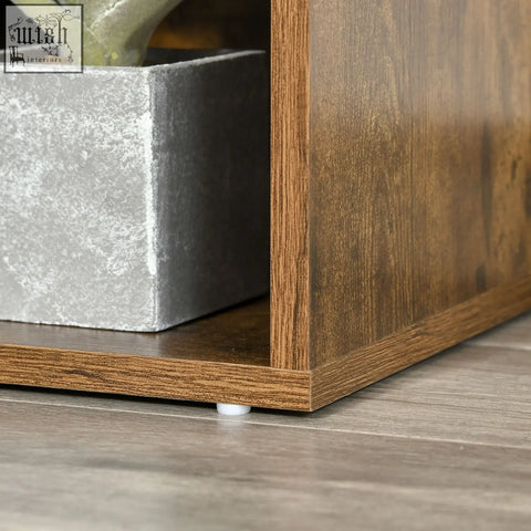 Rustic brown homcom bookcase storage shelf with cushioned seat made of particle board and a silver planter detail