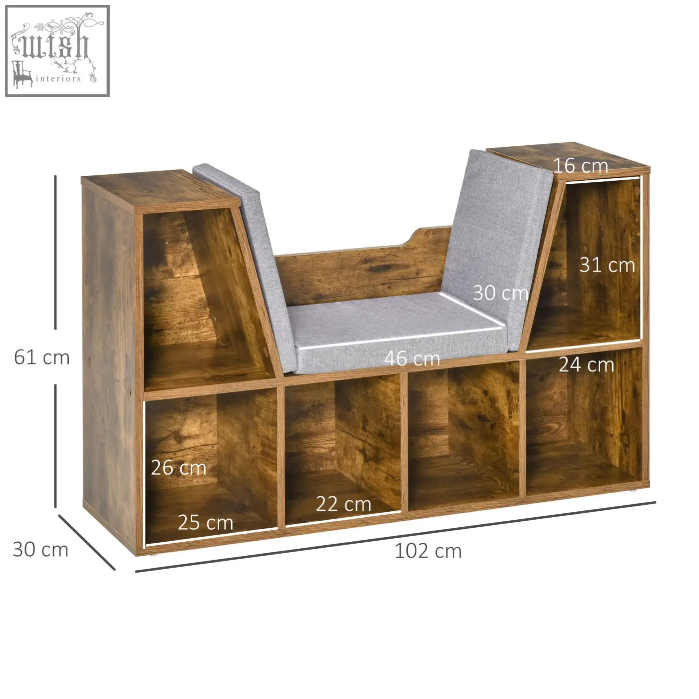 A sleek rustic brown particle board bookshelf with cushioned gray seat and open storage for bedroom or living room