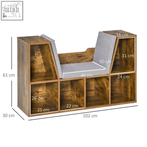 A sleek rustic brown particle board bookshelf with cushioned gray seat and open storage for bedroom or living room