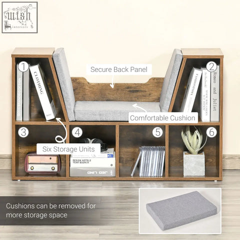 Rustic brown particle board bookshelf with six compartments and gray cushioned seat for bedroom or living room use