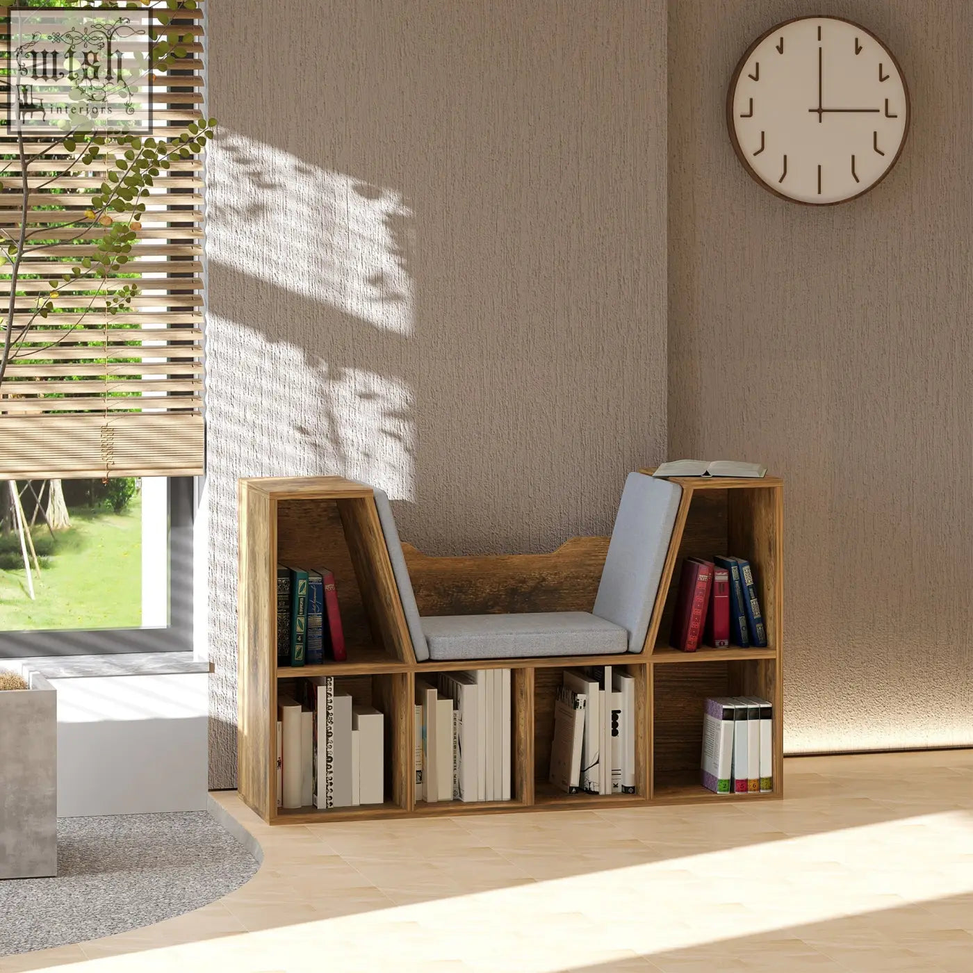 Homcom bookcase storage shelf in sleek rustic brown particle board with cushioned seat and open cubbies for reading nook