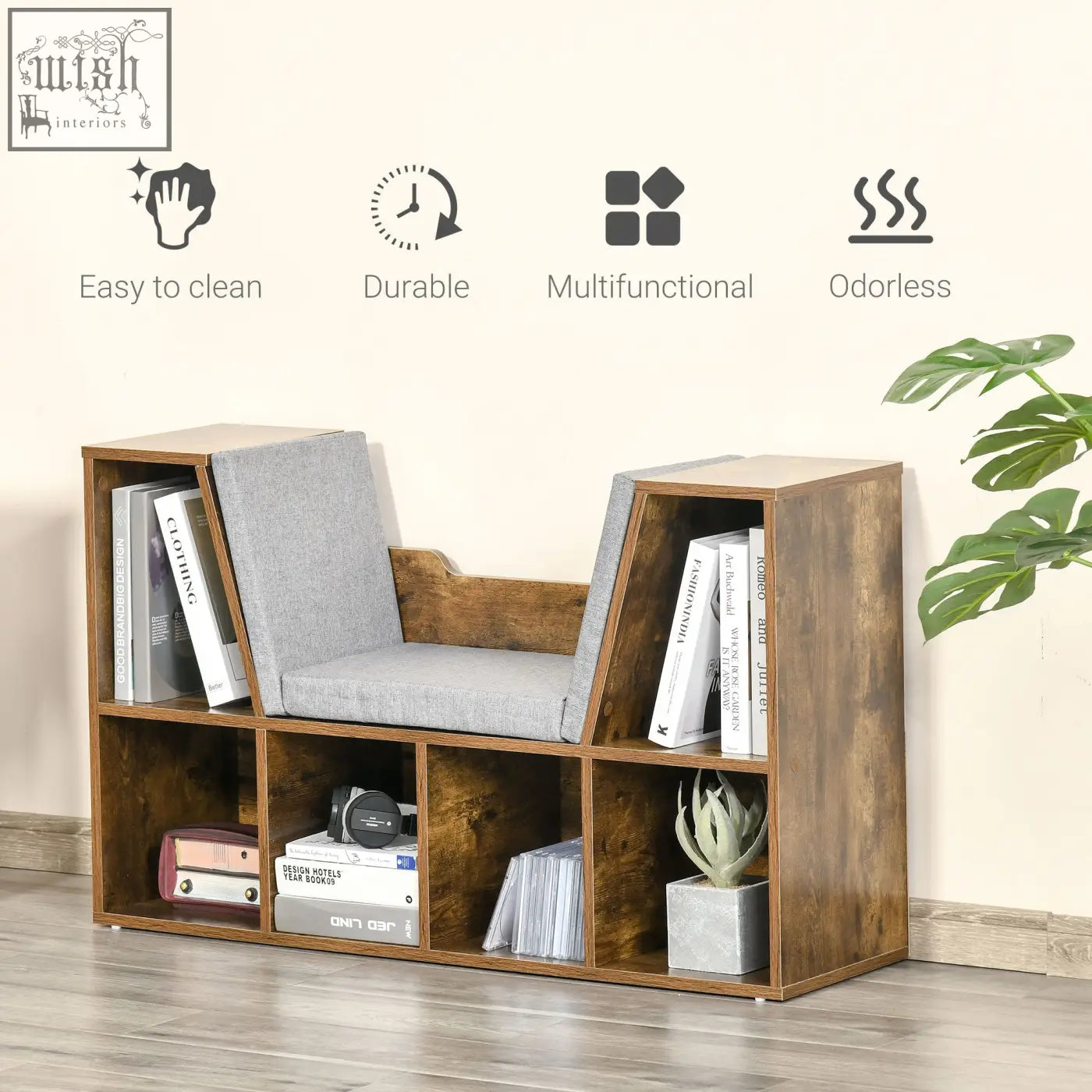 Homcom rustic brown particle board bookshelf with cushioned gray fabric seat perfect for bedroom and living room storage