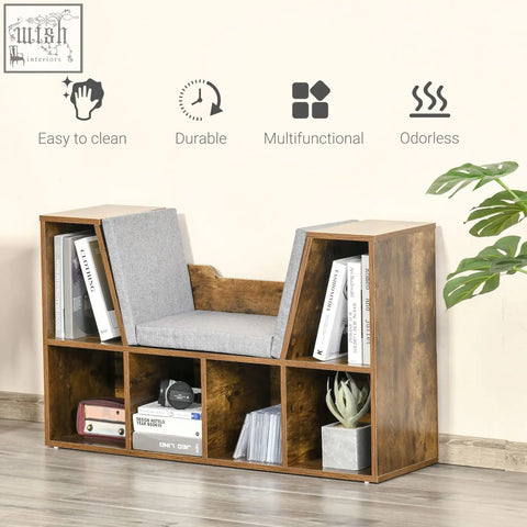 Homcom rustic brown particle board bookshelf with cushioned gray fabric seat perfect for bedroom and living room storage