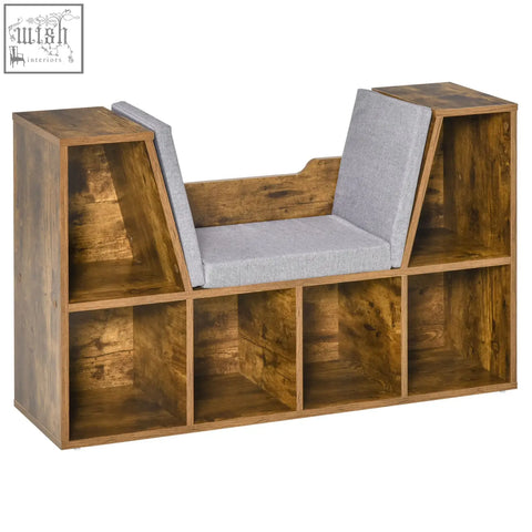 Rustic brown homcom bookcase with particle board shelves and gray cushioned seat perfect for living room reading nook