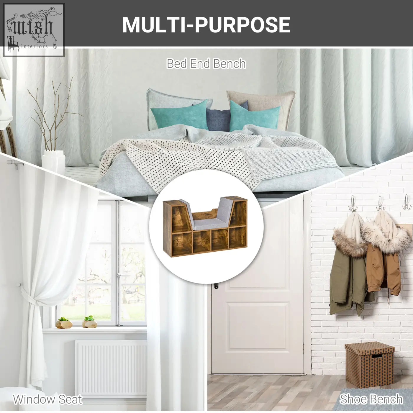 Rustic brown wooden multi-purpose bed end bench with cushioned seat and particle board storage compartments