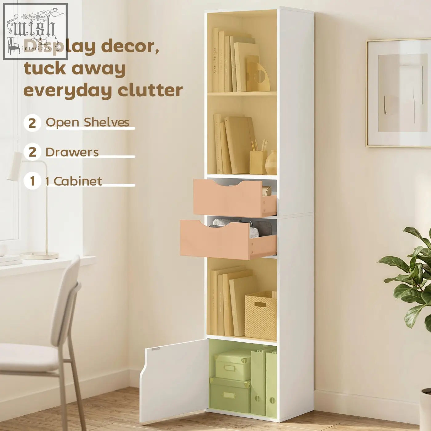 White homcom bookcase with adjustable shelf, two blush pink drawers, open shelves, and a partially open cabinet door