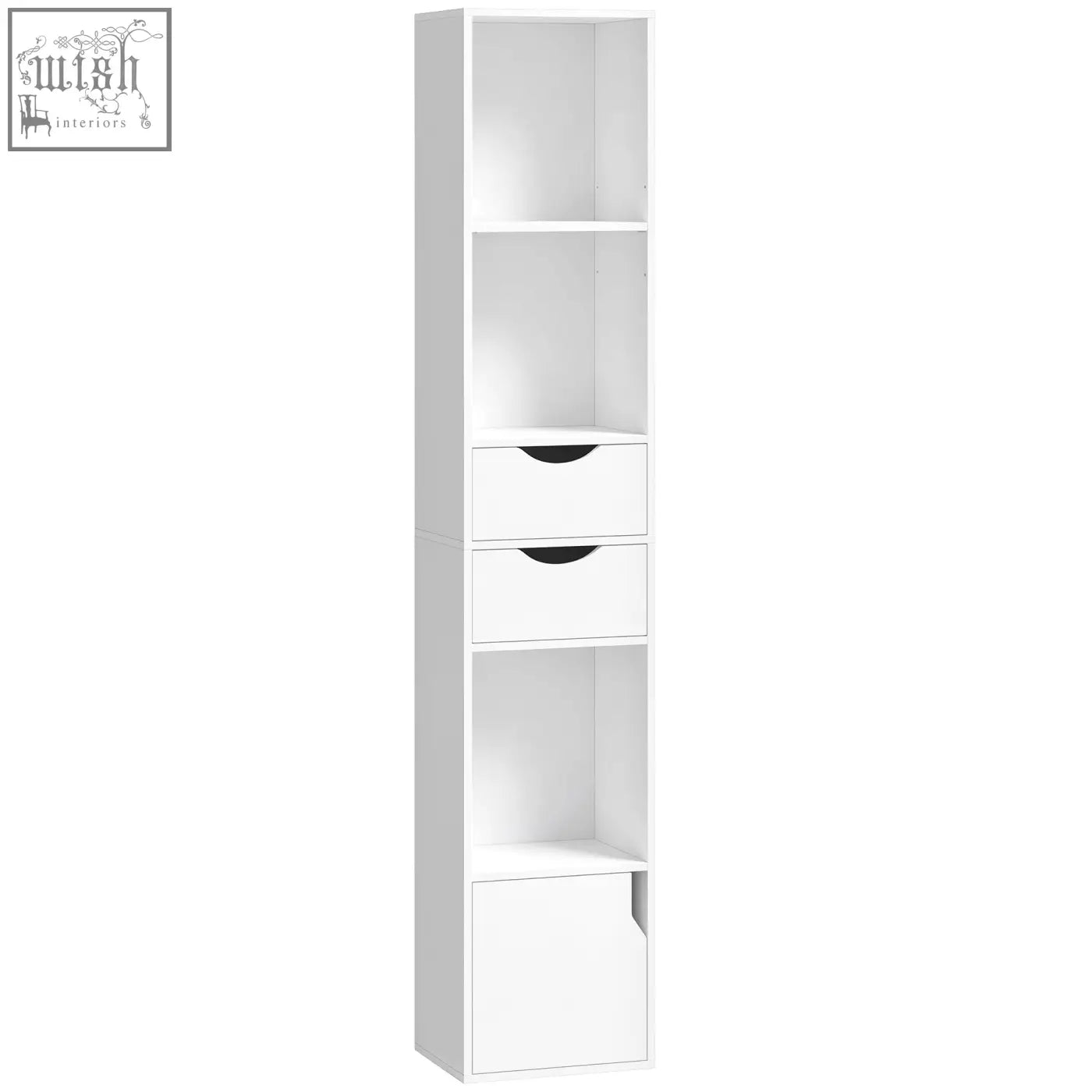 White homcom bookcase with adjustable open shelves and two drawers with black handles for storage and display