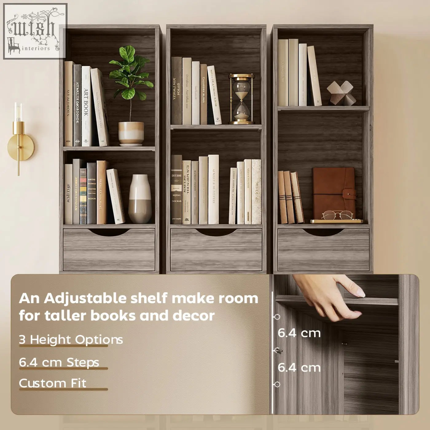 Homcom bookcase gray wood-grain adjustable shelf with three sections featuring drawers and open shelves for books and decor