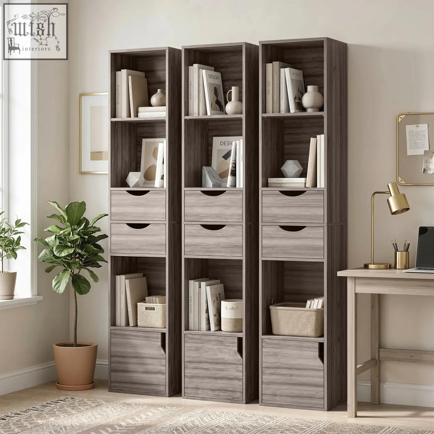 Three tall gray homcom bookcases with wood grain finish, adjustable shelf, open shelves, drawers, and cabinet space