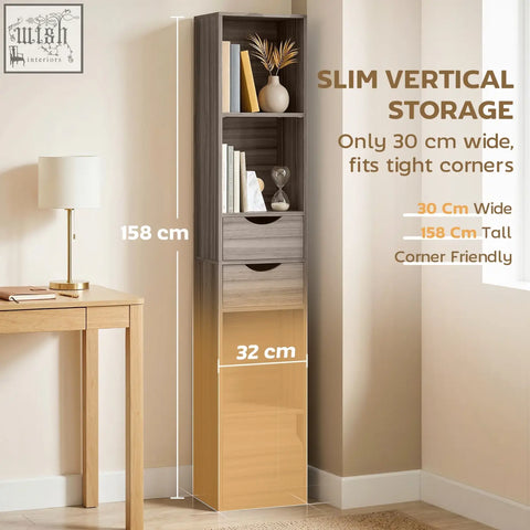 Homcom bookcase with adjustable shelf and two-tone wood finish featuring two drawers and open shelves in grey