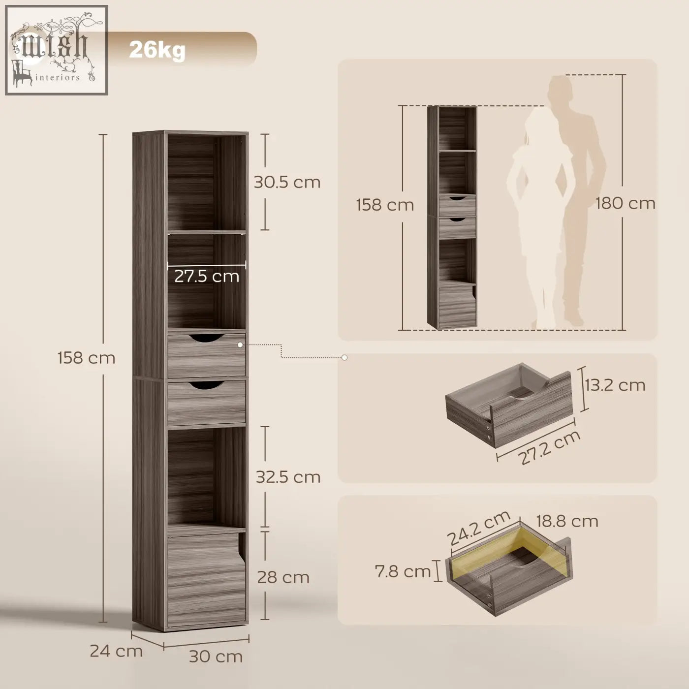 Tall slender homcom bookcase with grayish brown finish, adjustable shelf, open shelves, drawers, and cabinet storage