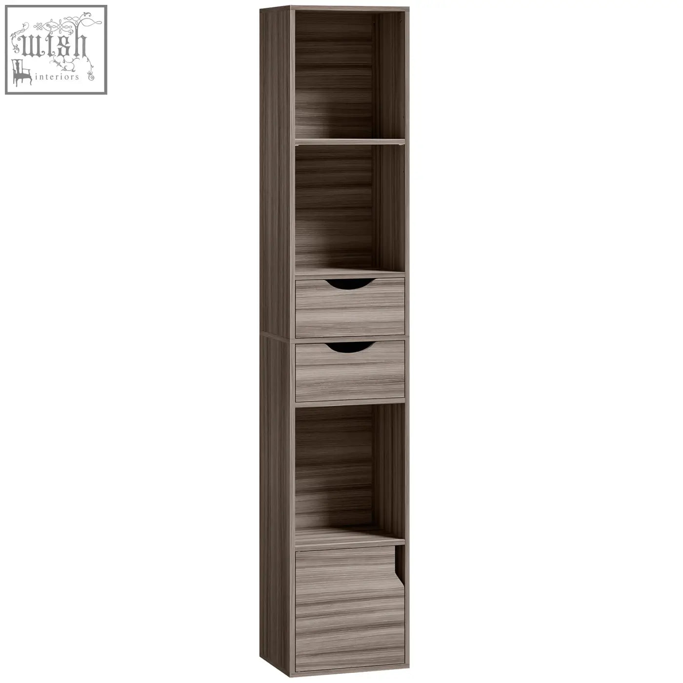 Tall slender grey homcom bookcase with wood grain finish adjustable shelf open shelves and three drawers